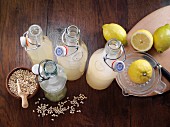 Selbtstgemachtes Barley Water (Gerstenwasser) mit Zitrone in Bügelflaschen