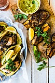 Taco shells with fried aubergines and houmous