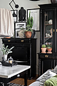 Houseplants on tall black cabinet next to black dresser with coffee table in foreground
