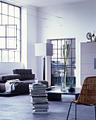 Cubist furniture in modern living room of industrial loft apartment