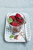 Vegan chia chocolate pudding with raspberries