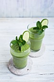 Vegan green smoothies with mint and cucumber
