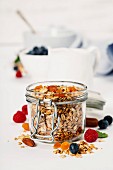 Homemade granola (with dried fruit and nuts) and healthy breakfast ingredients - honey, milk and berries