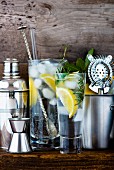 Gin Tonic mit Zitrone, Eiswürfeln und Rosmarin zwischen Barutensilien