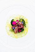 Vorspeise mit eingelegtem Oktopus, Zitronen und gegrillten Brokkoliröschen auf Salsa Verde mit Borretschblüten