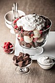 Chocolate brownies with ice cream, whipped cream and raspberries