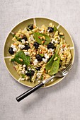 Fusilli with spinach, olives, feta and pine nuts