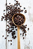 Coffee beans scattered on a table and in a wooden ladle