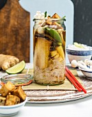 Miso soup with mushrooms and noodles vegan in a jar