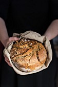 Hands holding clay pot baked beer bread