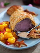Beef Wellington (beef fillet in puff pastry) with chutney