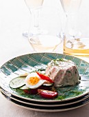 Salmon mousse with dill and a salad garnish on a plate