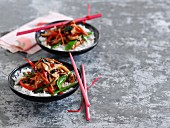 Yakitori Donburi (grilled chicken on rice, Japan) with vegetables and seaweed