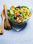 Pasta salad with cherry tomatoes and spinach