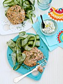 Salmon patties with cucumber strips and lemon mayonnaise