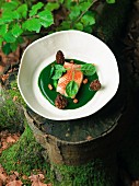 Char with stuffed morels and rye bread croutons on a bed of spinach coulis at the 'Auberge Frankenbourg' restaurant in La Vancelle, France, made by the chef Sébastien Buecher
