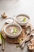 Mushroom soup in a bowls with cream and spring onion