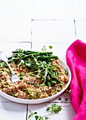 Pea, asparagus and mature cheddar barley risotto