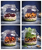 Vegan layered salad in a glass jar with couscous, asparagus, pine seeds and avocado and lime dressing being made