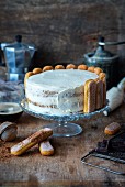 Tiramisu torte on a cake stand