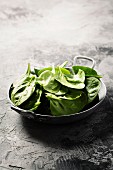 Fresh green spinach on rustic background