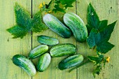 Green cucumbers and leaves on wooden table