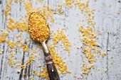 Couscous on a spoon and a wooden background