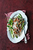Asian glass noodle and asparagus salad with minced beef and coriander