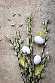Eier, Palmkätzchen und gelbe Federn als Osterdeko