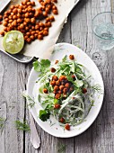 Vegetarian cucumber noodle salad with baked chickpeas