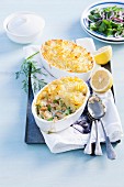 Fish pie with pollack, salmon, prawns and mashed potatoes (England)
