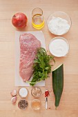 Ingredients for Greek-style kebab meat with garlic and dill quark