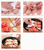 Oven-baked chicken breast with tomatoes and mozzarella being made