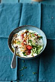 Savoury crunchy lupin muesli with cream cheese, vegetables and shoots