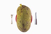 A large jack fruit on a plate with cutlery against a white background (top view)