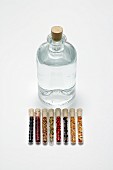 Gin in a bottle with various flavourings in test tubes