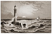 Lighthouse and approaching sailing ship.