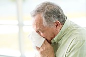 Senior man blowing nose on tissue
