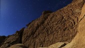 Atacama llama rock art in moonlight, time-exposure footage