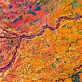 Meta River and tropical grasslands, satellite image