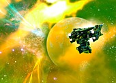Space craft and yellow planet