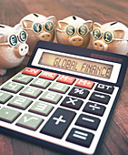 Calculator with global finance and piggy banks
