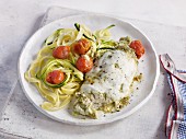 Gratinated pesto chicken with zoodles (zucchini noodles)