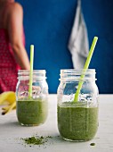 Vegan kale and coconut smoothies with matcha and banana