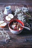 Granola with apples and oat milk served in a bowl