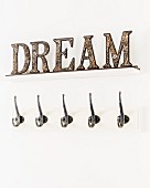 Decorative letters spelling 'DREAM' above row of hooks