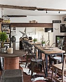 Cowhide rugs in cafe with industrial ambiance