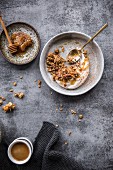 Breakfast cereal with coffee and honey