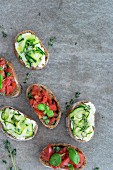 Bruschetta with cottage cheese, zucchini and tomatoes