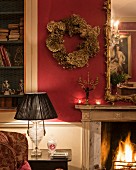 Wreath of dried hydrangeas on wall of living room